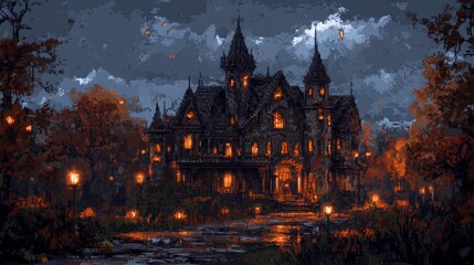 Naklejka premium Pixel Art of Dark Gothic Castle Under Cloudy Night Sky with Orange Illumination