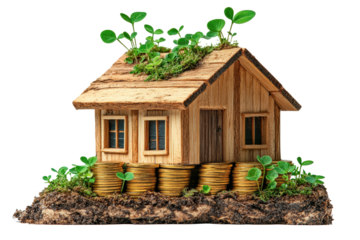 Small house with coins and plants growing out of it representing financial growth and sustainability Isolate white background.