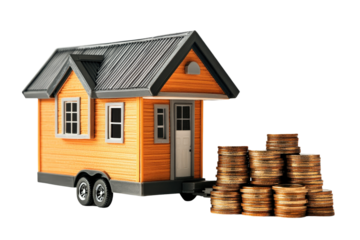 Tiny house model with stacks of coins representing savings and investment in real estate concept Isolate white background.