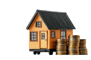 Small house with stacks of coins symbolizing savings and financial growth in a residential setting Isolate white background.
