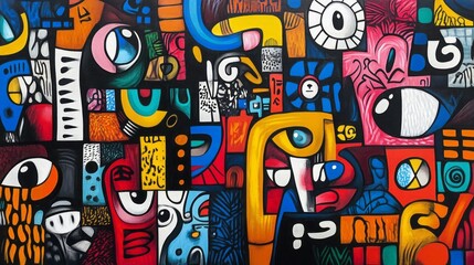 Fototapeta premium Abstract composition showcasing various shapes colors and stylized eyes