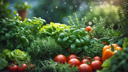 Freshly harvested vegetables and herbs in a lush garden setting under soft sunlight