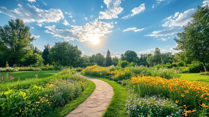 Fototapeta premium Sunrise illuminates a vibrant garden filled with colorful flowers and a winding stone path in a serene outdoor setting