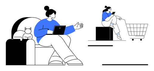 Woman sits with laptop on sofa, cat beside uses tablet near shopping cart. Ideal for e-commerce, remote work, digital learning, home lifestyle, multitasking, convenience of technology, online
