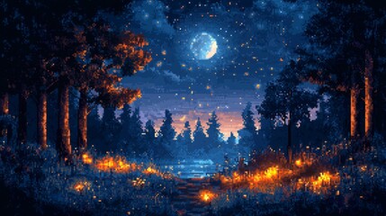 Naklejka premium Pixelated Night Forest Landscape with Glowing Fireflies and Full Moon in the Sky
