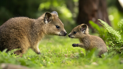 Fototapeta premium Heartwarming Bond: A Quokka Family's Journey Through Their Serene Natural Habitat