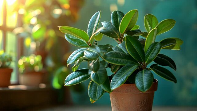 Lush green plant in a terracotta pot, bathed in sunlight near a window.