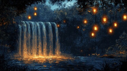 Fototapeta premium Magical Waterfall Illuminated by Lanterns in a Lush Green Forest at Night