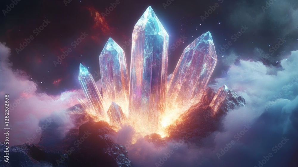 Poster glowing crystal cluster formation floating amidst soft clouds with light sparkles