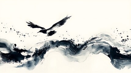 Black Bird Soaring Over Abstract Ink Waves