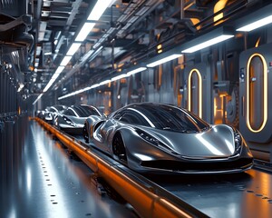 Fototapeta premium Silver Sports Cars on Automated Assembly Line