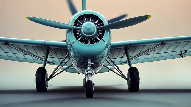 Vintage propeller airplane on runway, front view.