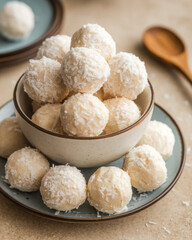 Delicious coconut balls dessert arranged in a bowl. Gourmet dessert food photography in a rustic cozy kitchen setting