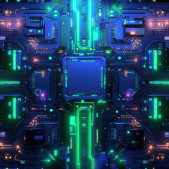 Fototapeta premium Image showcases a stylized close-up of electronic circuitry, emphasizing interwoven green and blue pathways PCB traces and integrated circuit components The vibrant color scheme high - AI-Generated