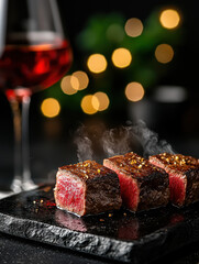 Gourmet Grilled Steak Cubes with Garnish and Glass of Red Wine