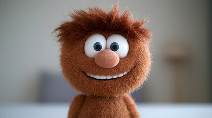 Happy plush toy smiling indoors, blurred background