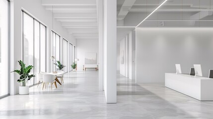 Fototapeta premium A large open office space with white walls and a white desk