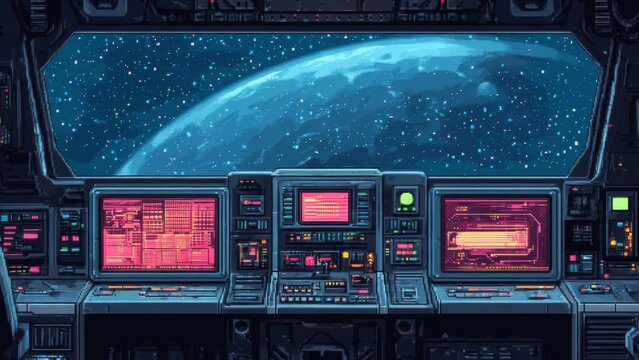 Pixel Art Spaceship Cockpit Interior View of Planet and Stars in Outer Space