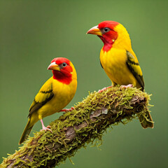 A small red and yellow sparrow sits on a branch in the middle of a tropical forest.
