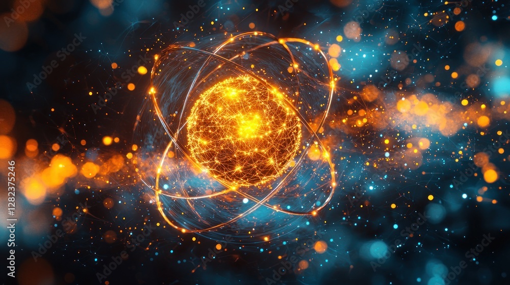 Poster atomic core spherical energy form with glowing electrons in a bokeh space, use science
