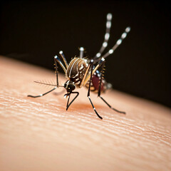 Close-up of a mosquito sucking blood in extreme macro view
