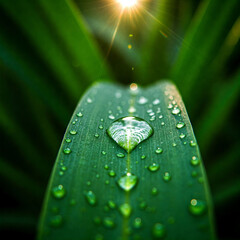 Fresh dew drops on a green leaf in the morning