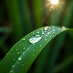 Fresh morning dew on green grass and leaf with water droplets