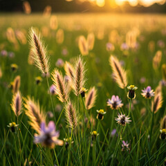 Wildflowers in a sunny meadow with daisies and dandelions blowing in the wind under a bright blue sky
