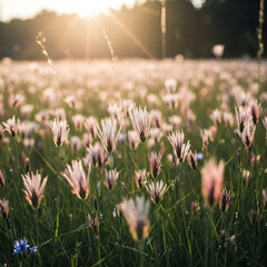 Sunset over a blooming field of flowers with purple and white blossoms under a clear blue sky