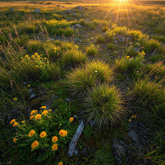 Sunny dandelion field in full bloom