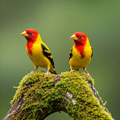 A bird sits on a green branch in a colorful garden.