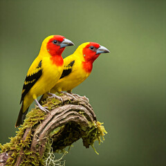 Colorful tropical bird perched on a branch with red and yellow feathers, a red-headed bee eater and a red-backed shrike in a vibrant natural setting