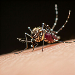 Extreme closeup of a mosquito sucking blood on skin with detailed macro shot