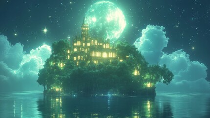 Obraz premium Fantasy Illuminated Island with Trees Castle Reflection and a Shining Moon