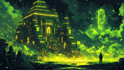 Pixel Art Cityscape with Glowing Green Building Under Cloudy Night Sky