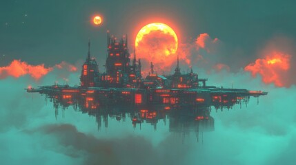 Futuristic Floating Cityscape with a Glowing Moon and Misty Atmosphere Pixel Art