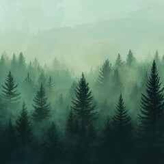 Fototapeta premium A misty, coniferous forest with a green and gray color palette, blurred edges, and an ethereal quality Details stand out amidst the fog, suggesting a natural environment of solitude an - AI-Generated