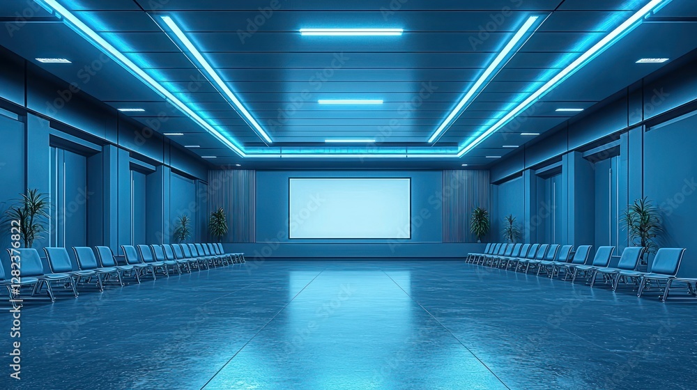 Poster auditorium with empty seating. large screen ready for presentation, event use