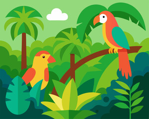 Vector of a tropical rainforest with parrots. 