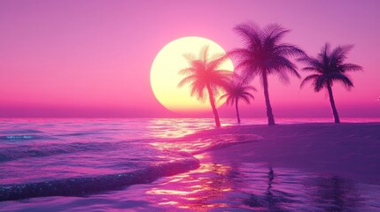 Obraz premium Tropical Island Sunset with Silhouetted Palm Trees and Vibrant Pink and Purple Sky