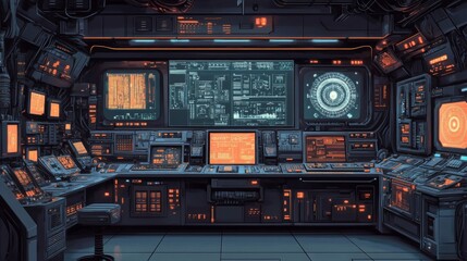 Retro Pixelated Command Center with Multiple Orange Screens and Detailed Control Panels