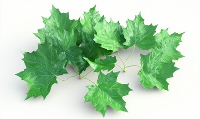 Vibrant green maple leaves arranged artistically on a white background showcasing their texture