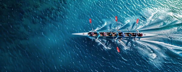 A row of people are rowing a boat in the ocean
