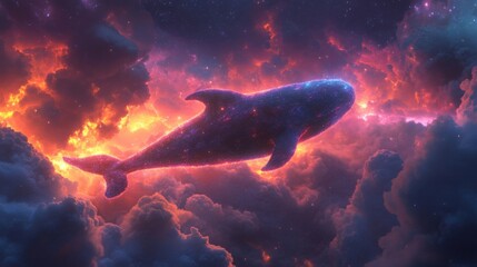 Glowing Whale Soaring Through Fiery Celestial Clouds and Stars at Night