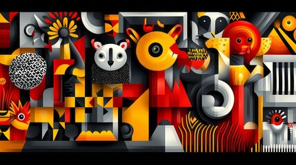 Obraz premium Geometric abstract artwork featuring stylized animals and shapes in color