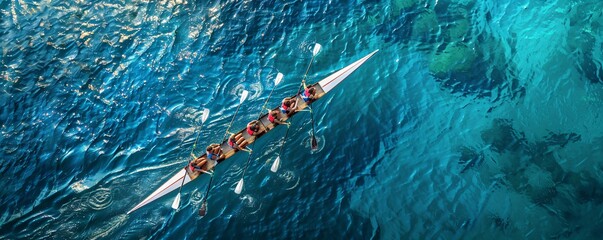 A group of people in a row boat on a body of water