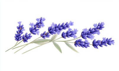 Obraz premium Vibrant lavender flowers arranged elegantly with green leaves on a clean white background
