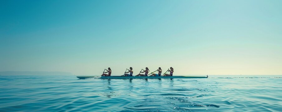 A group of people are rowing a boat in the ocean