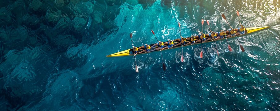 A group of people are rowing a yellow boat in the ocean