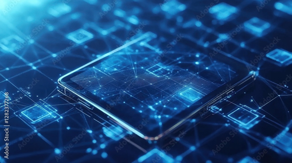 Poster futuristic mobile phone is connecting to a complex digital network, ensuring cyber security and prot